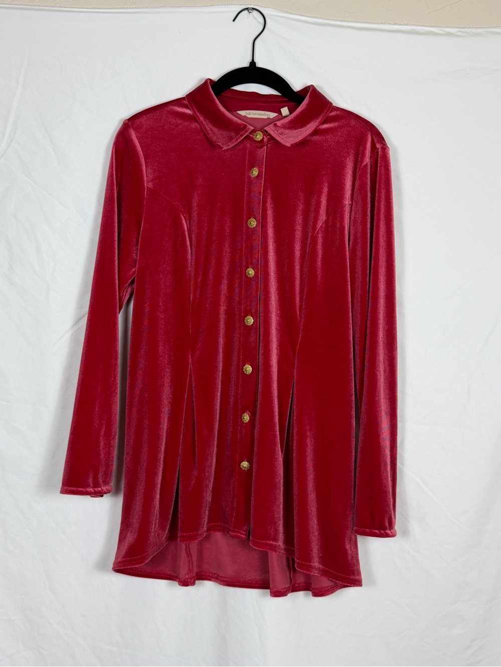 Soft Surroundings Velvet Button-Front Long Sleeve Top in Deep Red